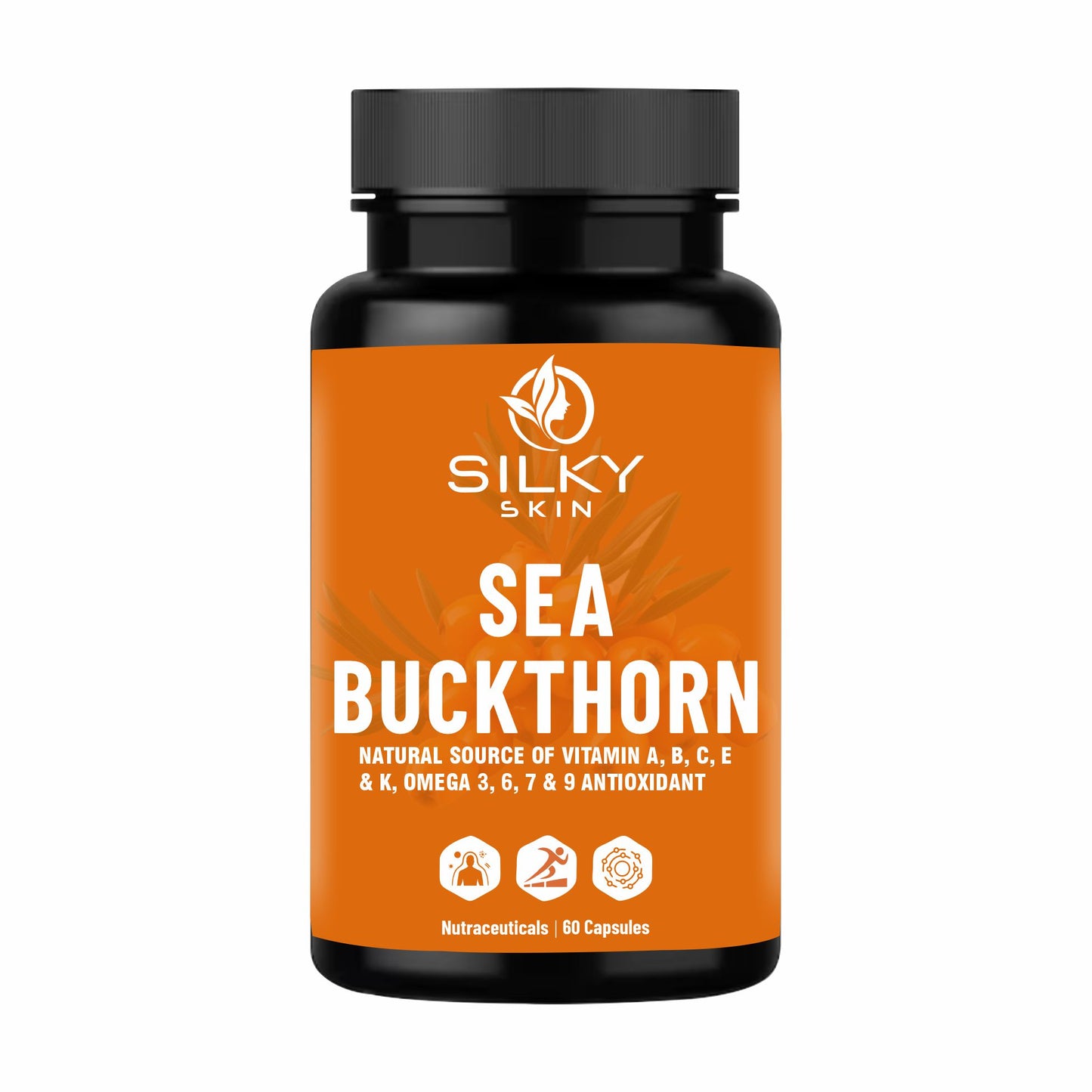 Silky Skin Sea Buckthorn – Natural Source of Vitamins A, B, C, E, K & Omega 3, 6, 7, 9 – Antioxidant Support – 30/60 Veg Capsules