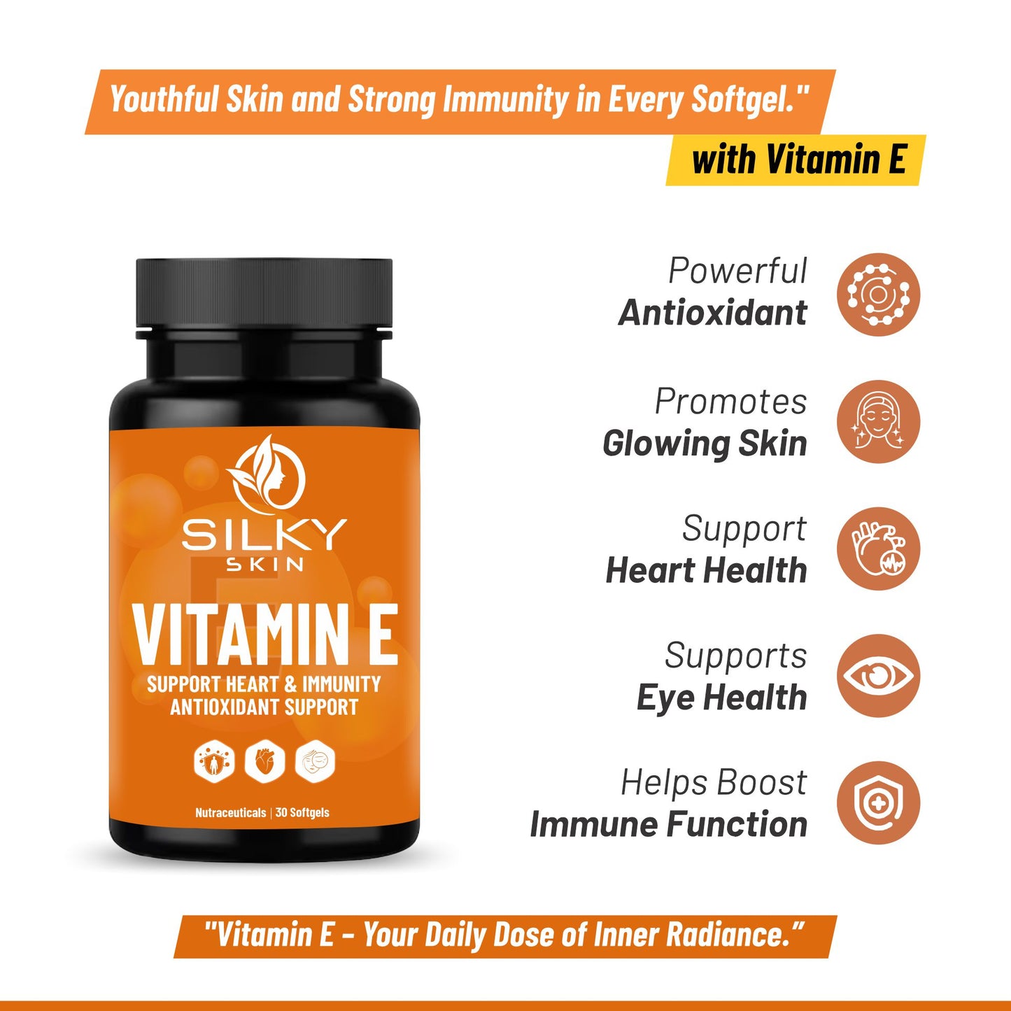 Silky Skin Vitamin E – 10 mg Alpha Tocopherol – Antioxidant & Wellness Support – 30/60 Softgels