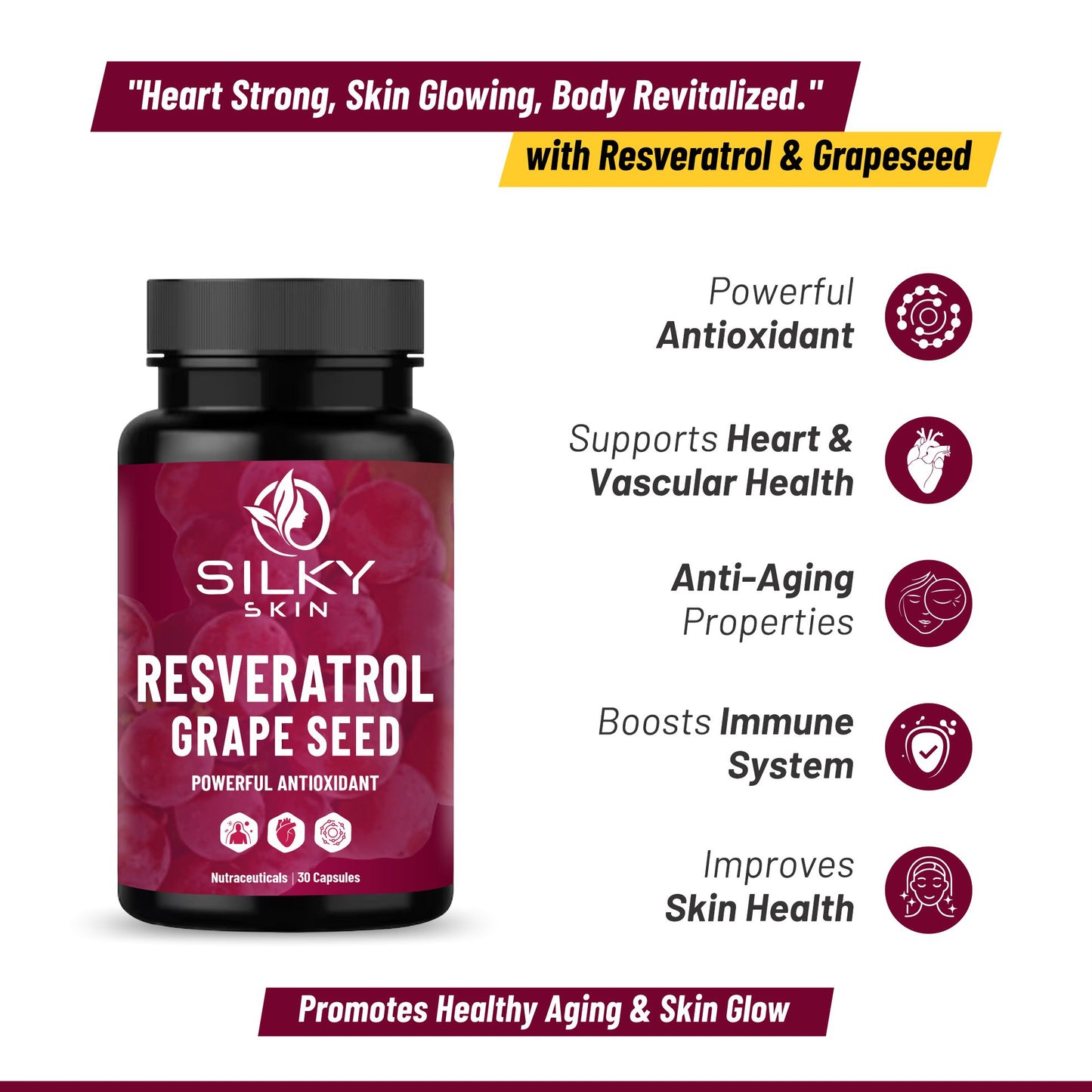 Silky Skin Resveratrol with Grape Seed Extract | Antioxidant Support for Skin, Heart & Immunity | 30/60 Veg Capsules