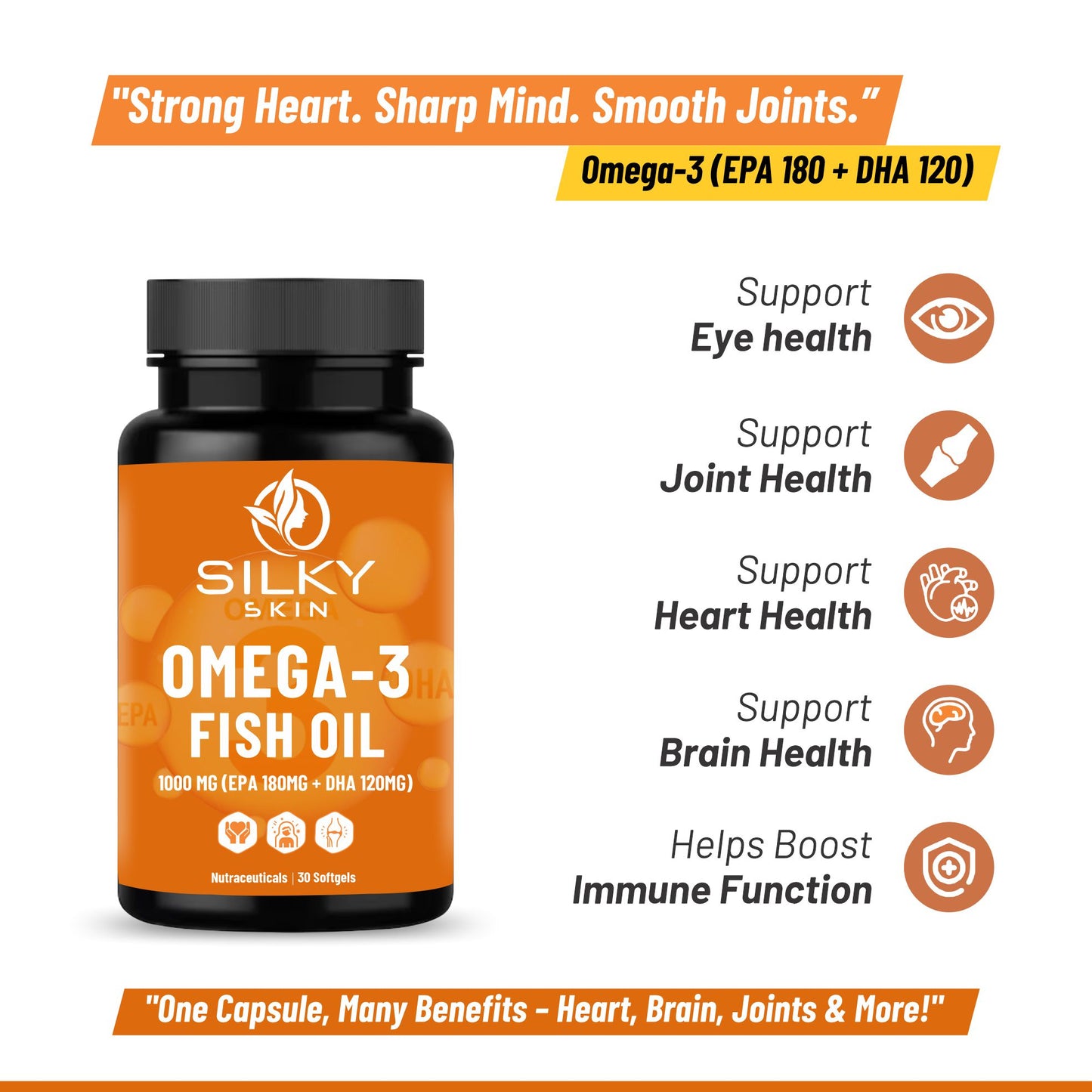 Silky Skin Omega-3 Fish Oil 1000 mg (EPA 180 mg + DHA 120 mg) |  30 Softgels