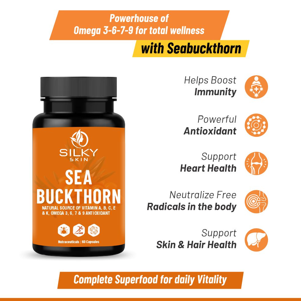 Silky Skin Sea Buckthorn – Natural Source of Vitamins A, B, C, E, K & Omega 3, 6, 7, 9 – Antioxidant Support – 30/60 Veg Capsules