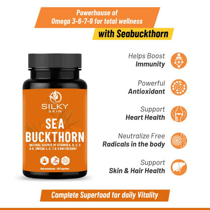Silky Skin Sea Buckthorn – Natural Source of Vitamins A, B, C, E, K & Omega 3, 6, 7, 9 – Antioxidant Support – 30/60 Veg Capsules