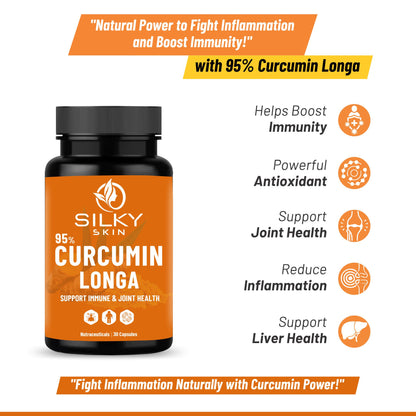 Silky Skin Curcumin Longa 95% with Ginger & Piperine – 600mg | Natural Antioxidant & Immunity Support | Joint & Inflammation Care | 30/60 Veg Capsules