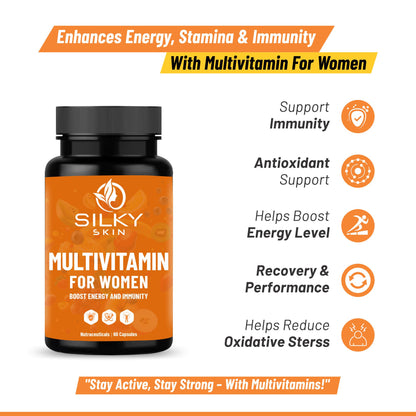 Silky Skin Multivitamin for Women | Daily Energy, Immunity & Wellness Support | With Vitamins, Minerals, Herbal Extracts & Probiotics | 30/60 Capsules