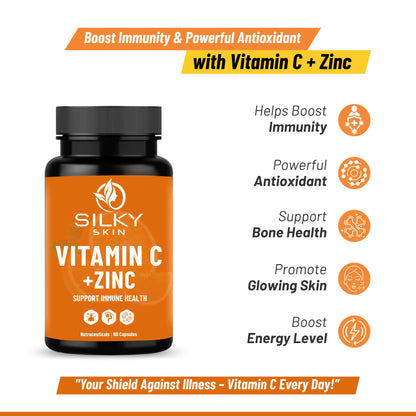 Silky Skin Vitamin C + Zinc – With Rosehip, Acerola Cherry & Vitamin D3 – Antioxidant & Immune Support – 30/60 Veg Capsules
