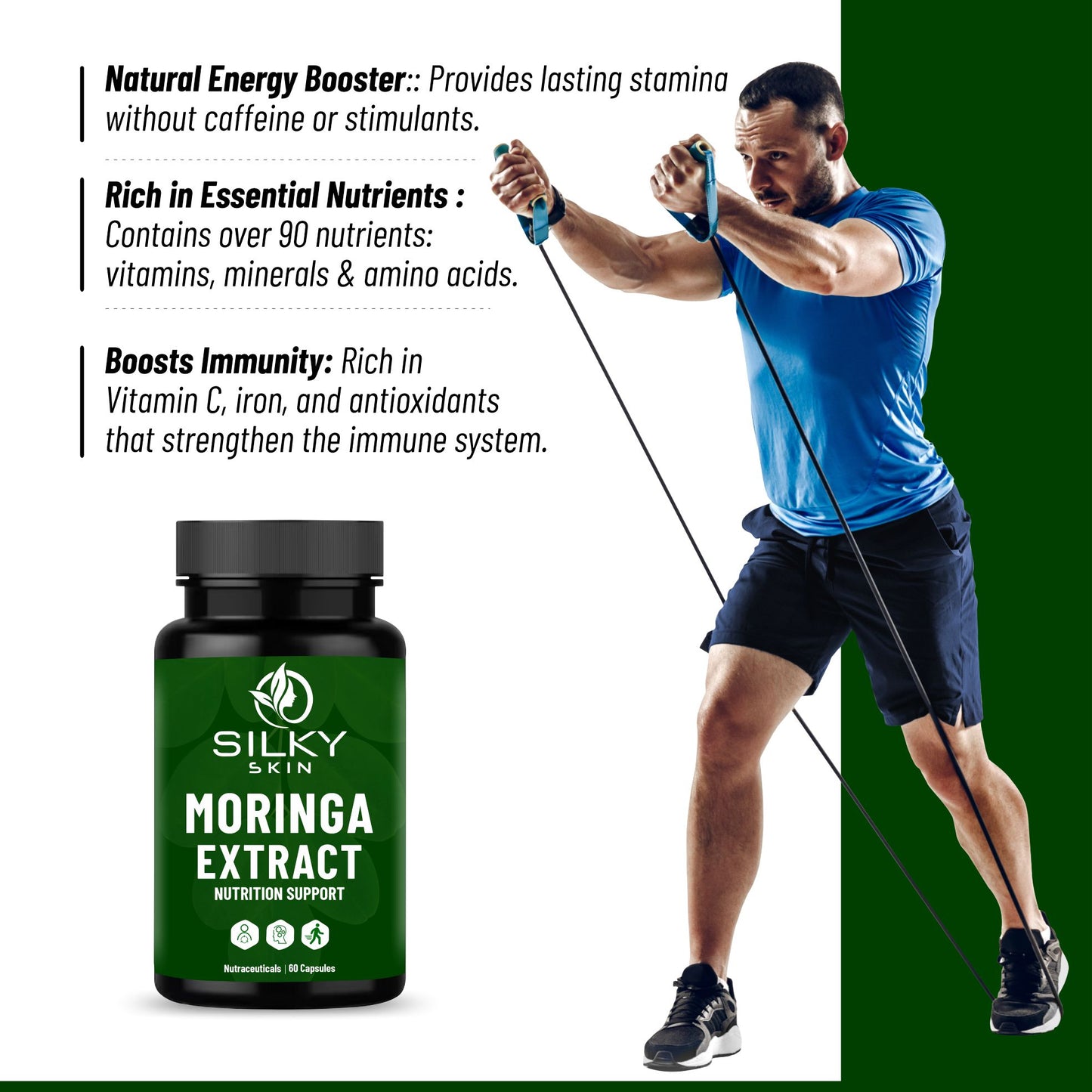 Silky Skin Moringa Extract 600mg – Nutritional Support | Energy, Immunity & Vitality |30/ 60 Veg Capsules