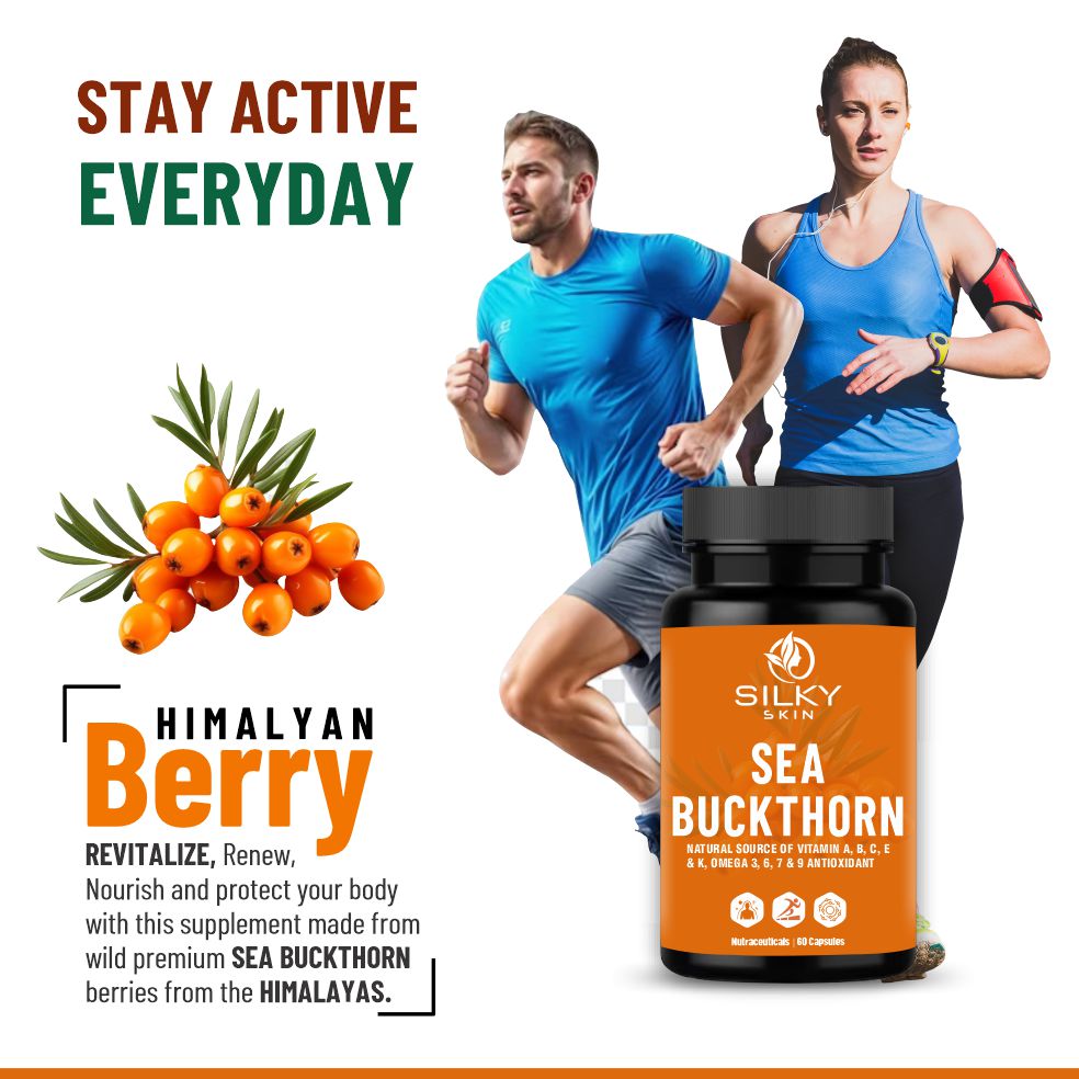 Silky Skin Sea Buckthorn – Natural Source of Vitamins A, B, C, E, K & Omega 3, 6, 7, 9 – Antioxidant Support – 30/60 Veg Capsules