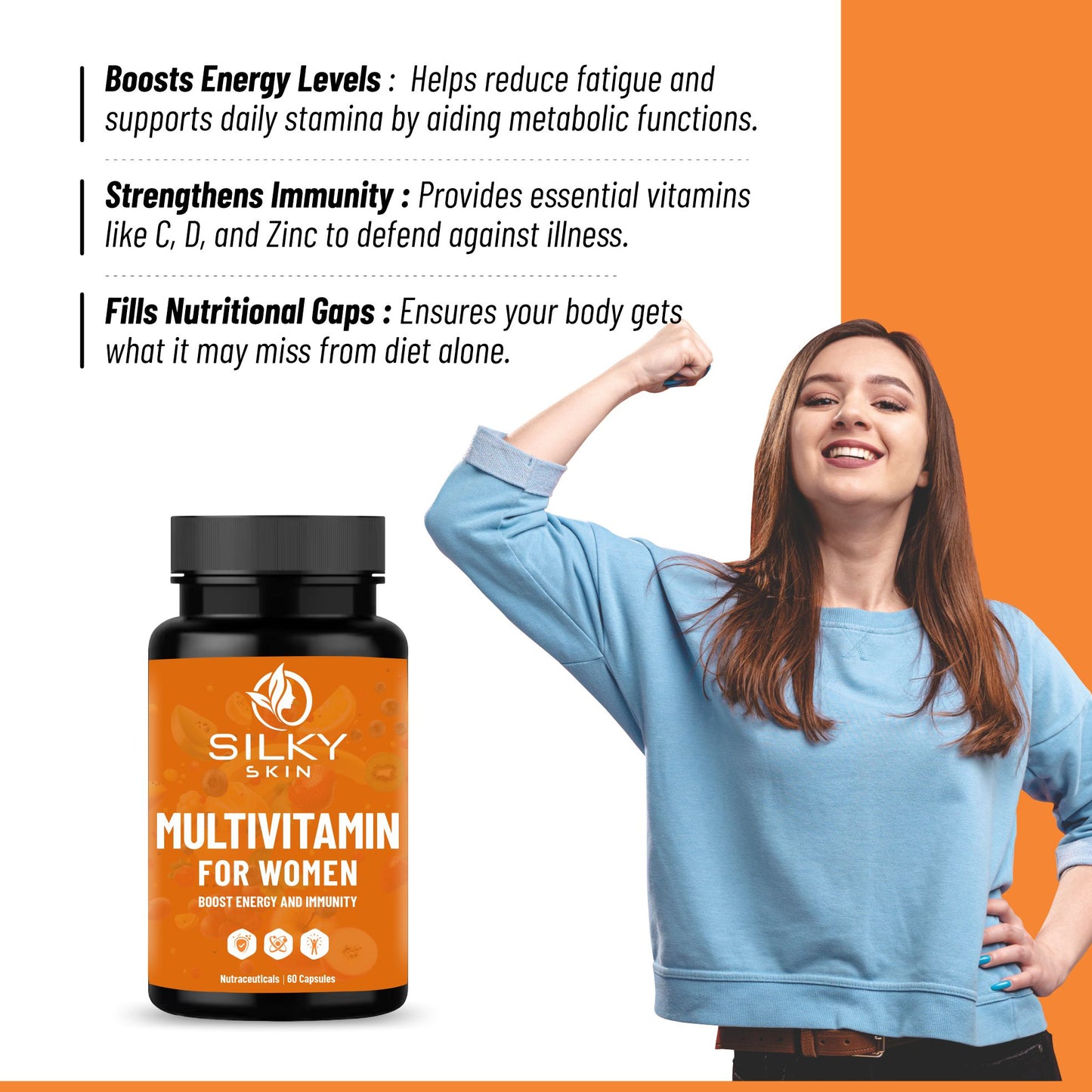 Silky Skin Multivitamin for Women | Daily Energy, Immunity & Wellness Support | With Vitamins, Minerals, Herbal Extracts & Probiotics | 30/60 Capsules