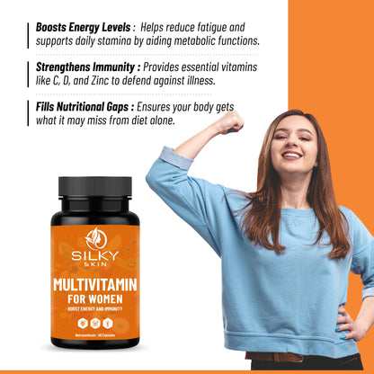 Silky Skin Multivitamin for Women | Daily Energy, Immunity & Wellness Support | With Vitamins, Minerals, Herbal Extracts & Probiotics | 30/60 Capsules