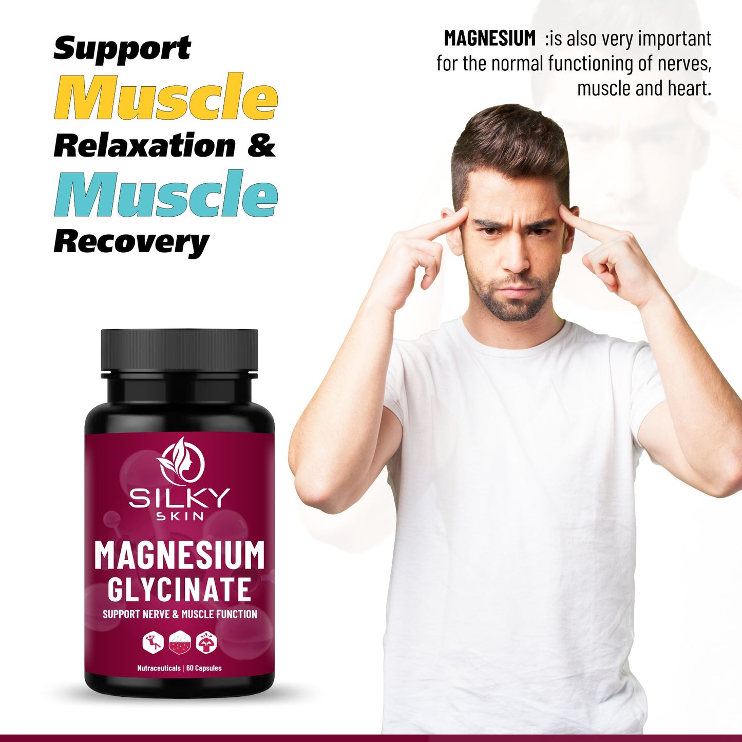 Silky Skin Magnesium Glycinate | 750mg (165mg Elemental Magnesium) | 60 Capsules