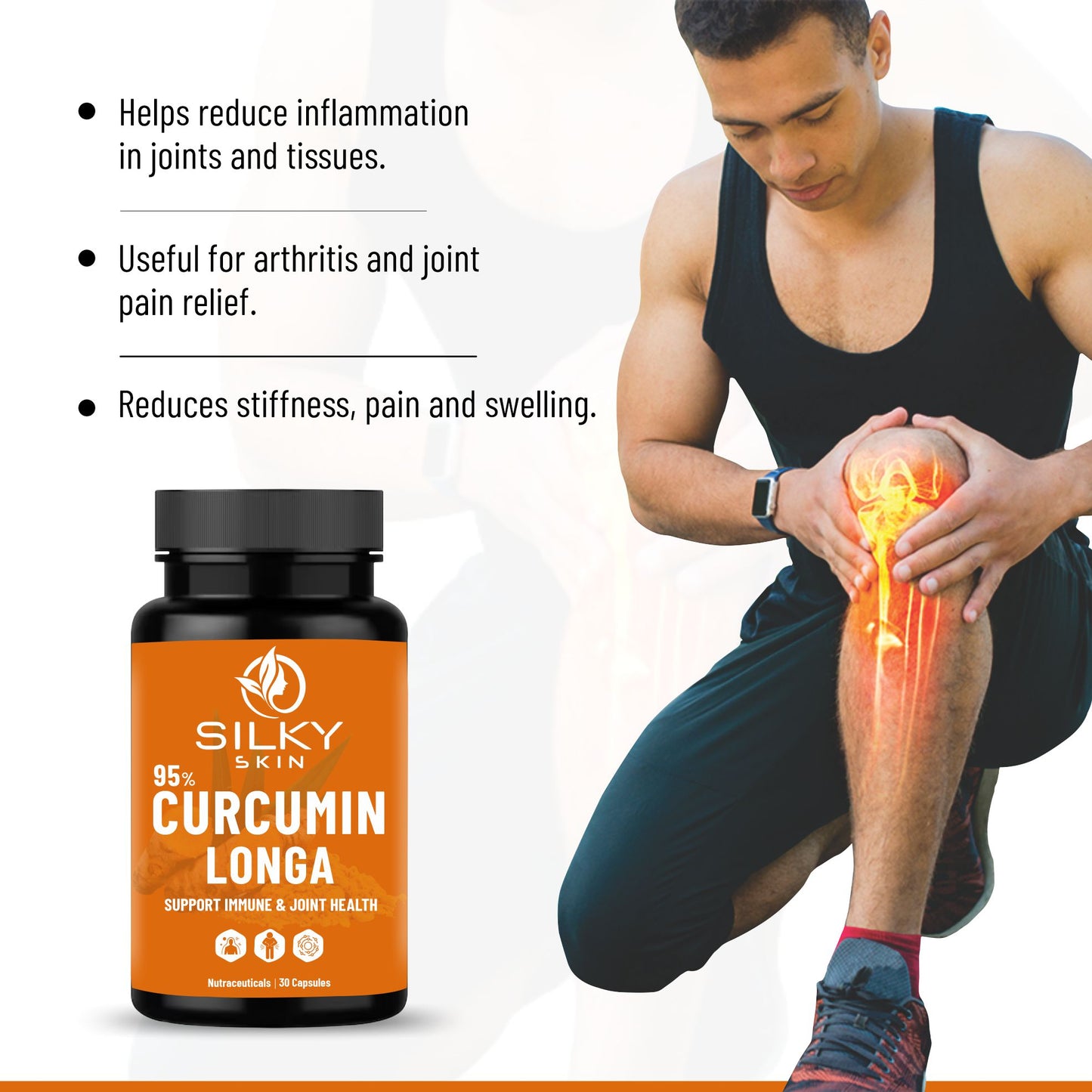 Silky Skin Curcumin Longa 95% with Ginger & Piperine – 600mg | Natural Antioxidant & Immunity Support | Joint & Inflammation Care | 30/60 Veg Capsules