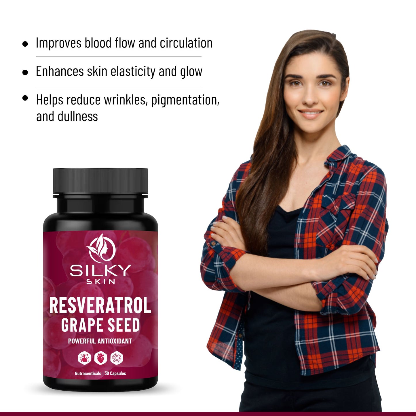 Silky Skin Resveratrol with Grape Seed Extract | Antioxidant Support for Skin, Heart & Immunity | 30/60 Veg Capsules