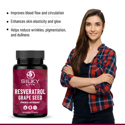 Silky Skin Resveratrol with Grape Seed Extract | Antioxidant Support for Skin, Heart & Immunity | 30/60 Veg Capsules