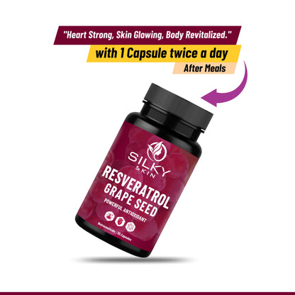 Silky Skin Resveratrol with Grape Seed Extract | Antioxidant Support for Skin, Heart & Immunity | 30/60 Veg Capsules