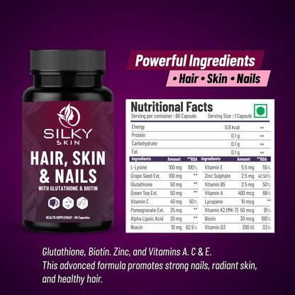 Hair, Skin & Nails – With Glutathione, Biotin, Vitamins & Herbal Extracts – 60 Capsules