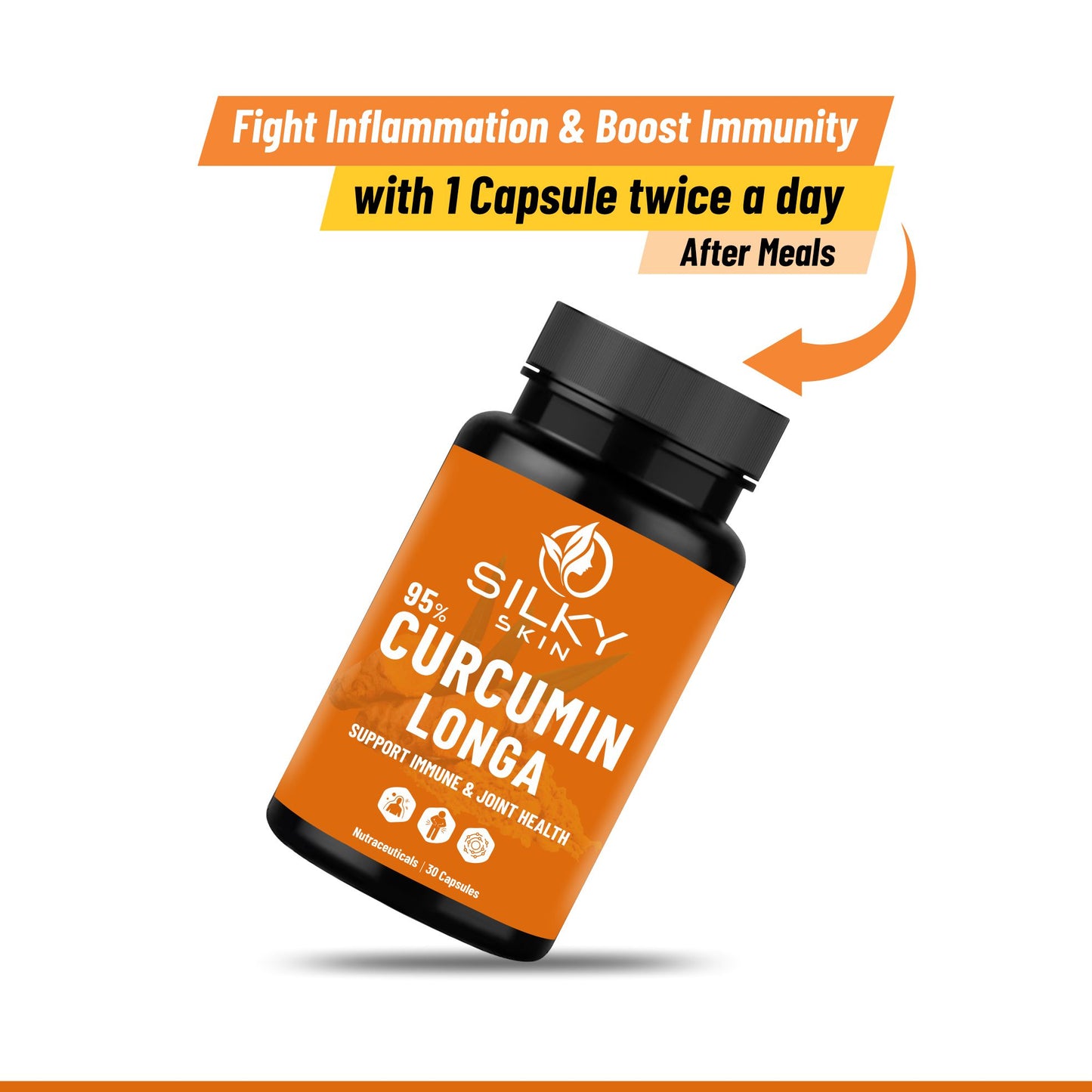 Silky Skin Curcumin Longa 95% with Ginger & Piperine – 600mg | Natural Antioxidant & Immunity Support | Joint & Inflammation Care | 30/60 Veg Capsules