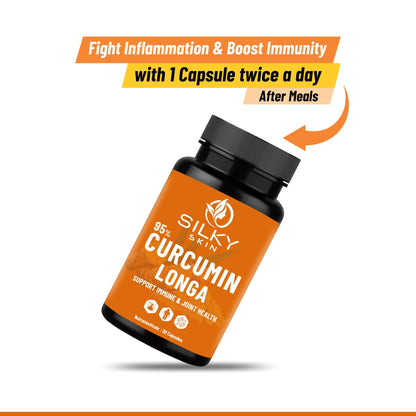 Silky Skin Curcumin Longa 95% with Ginger & Piperine – 600mg | Natural Antioxidant & Immunity Support | Joint & Inflammation Care | 30/60 Veg Capsules