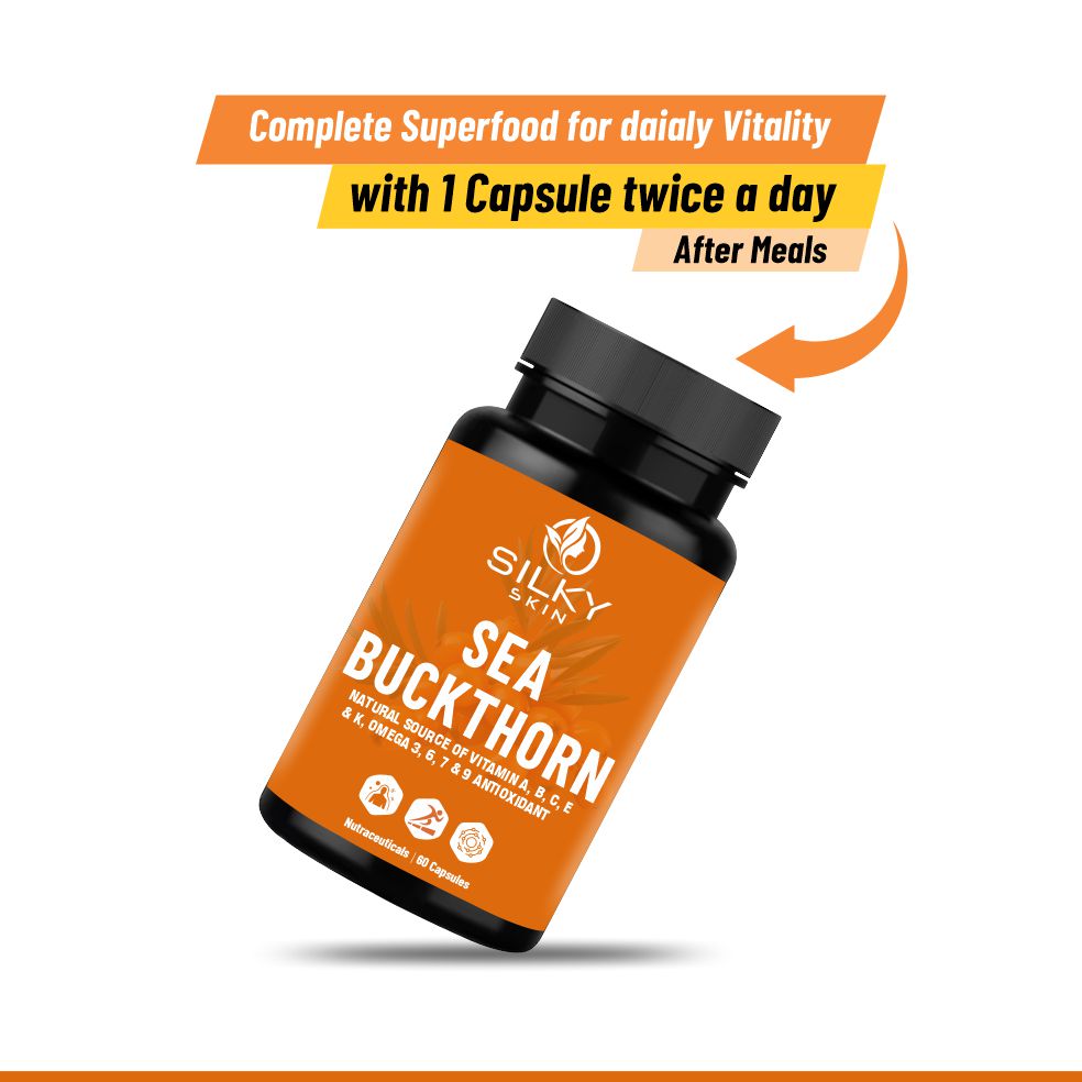 Silky Skin Sea Buckthorn – Natural Source of Vitamins A, B, C, E, K & Omega 3, 6, 7, 9 – Antioxidant Support – 30/60 Veg Capsules