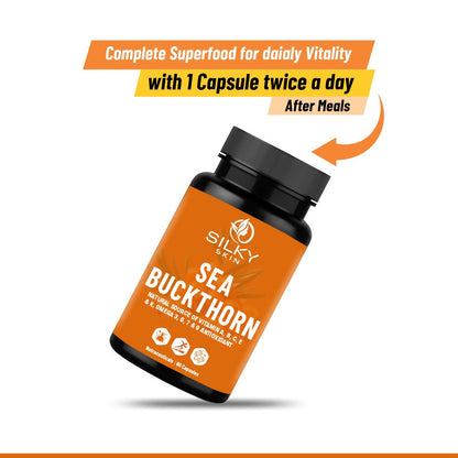 Silky Skin Sea Buckthorn – Natural Source of Vitamins A, B, C, E, K & Omega 3, 6, 7, 9 – Antioxidant Support – 30/60 Veg Capsules