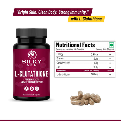 Silky Skin L-Glutathione 500mg – Antioxidant Support for Skin Health & Wellness – 30/60 Veg Capsules