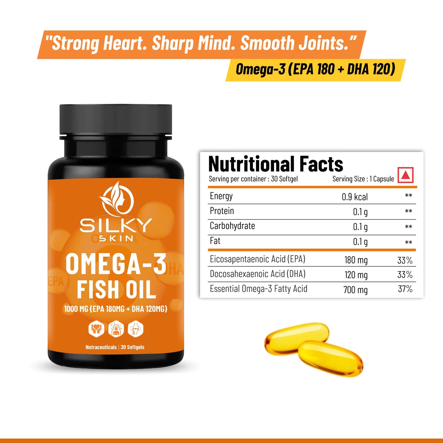 Silky Skin Omega-3 Fish Oil 1000 mg (EPA 180 mg + DHA 120 mg) |  30 Softgels