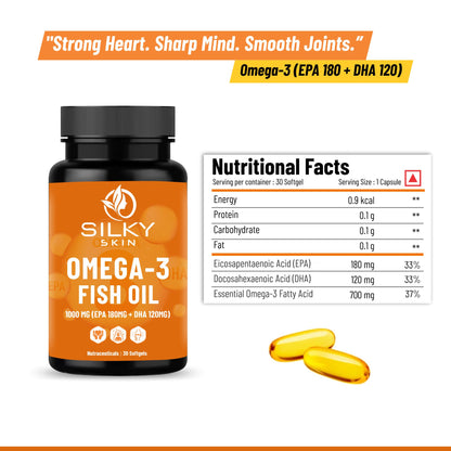 Silky Skin Omega-3 Fish Oil 1000 mg (EPA 180 mg + DHA 120 mg) |  30 Softgels