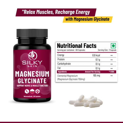 Silky Skin Magnesium Glycinate | 750mg (165mg Elemental Magnesium) | 60 Capsules