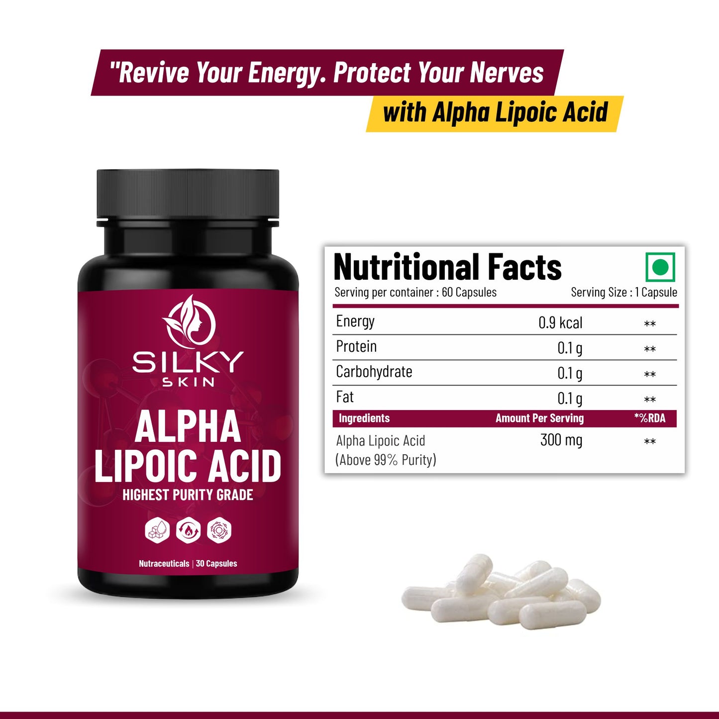 Silky Skin Alpha Lipoic Acid 300 mg – Antioxidant Support | 30 Capsules