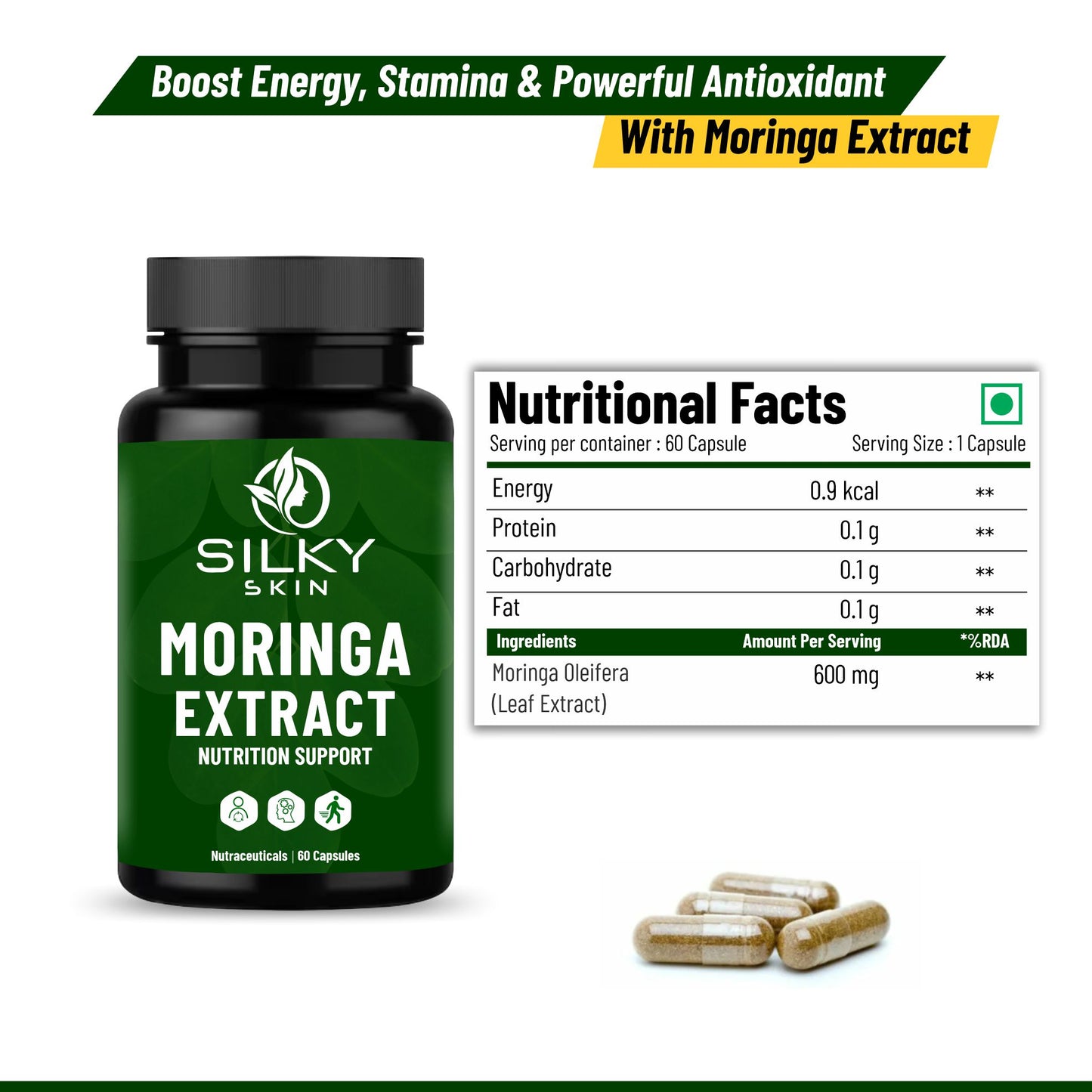 Silky Skin Moringa Extract 600mg – Nutritional Support | Energy, Immunity & Vitality |30/ 60 Veg Capsules