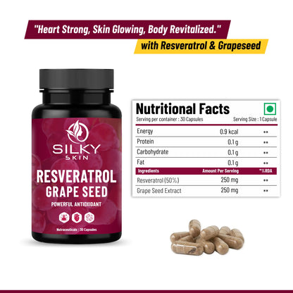 Silky Skin Resveratrol with Grape Seed Extract | Antioxidant Support for Skin, Heart & Immunity | 30/60 Veg Capsules