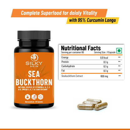 Silky Skin Sea Buckthorn – Natural Source of Vitamins A, B, C, E, K & Omega 3, 6, 7, 9 – Antioxidant Support – 30/60 Veg Capsules
