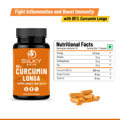 Silky Skin Curcumin Longa 95% with Ginger & Piperine – 600mg | Natural Antioxidant & Immunity Support | Joint & Inflammation Care | 30/60 Veg Capsules
