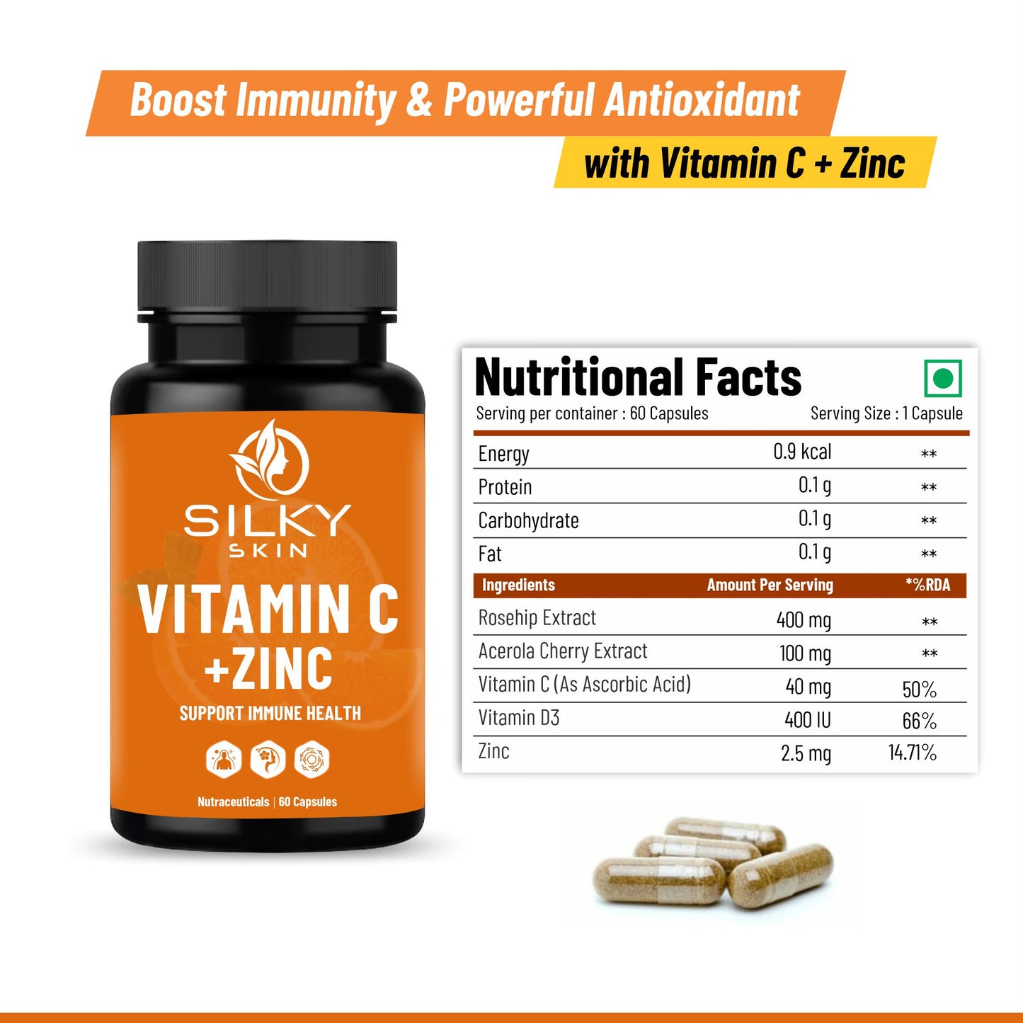 Silky Skin Vitamin C + Zinc – With Rosehip, Acerola Cherry & Vitamin D3 – Antioxidant & Immune Support – 30/60 Veg Capsules