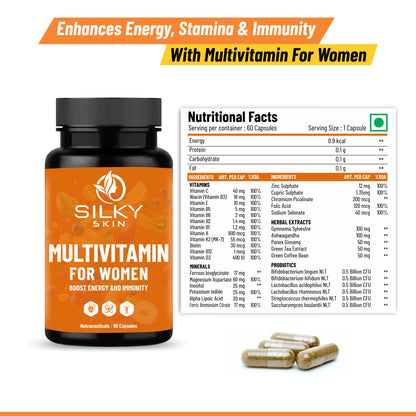 Silky Skin Multivitamin for Women | Daily Energy, Immunity & Wellness Support | With Vitamins, Minerals, Herbal Extracts & Probiotics | 30/60 Capsules