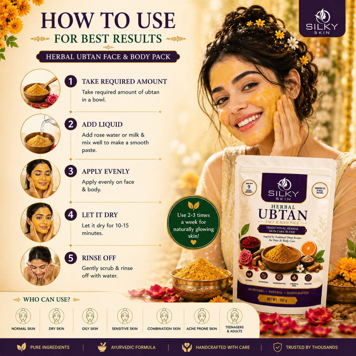 Silky Skin Herbal Ubtan Powder 100g | Face & Body Pack | Natural Glow | Tan Removal | Deep Cleansing | Ayurvedic Skin Care | Suitable for Men & Women