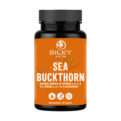 Silky Skin Sea Buckthorn – Natural Source of Vitamins A, B, C, E, K & Omega 3, 6, 7, 9 – Antioxidant Support – 30/60 Veg Capsules