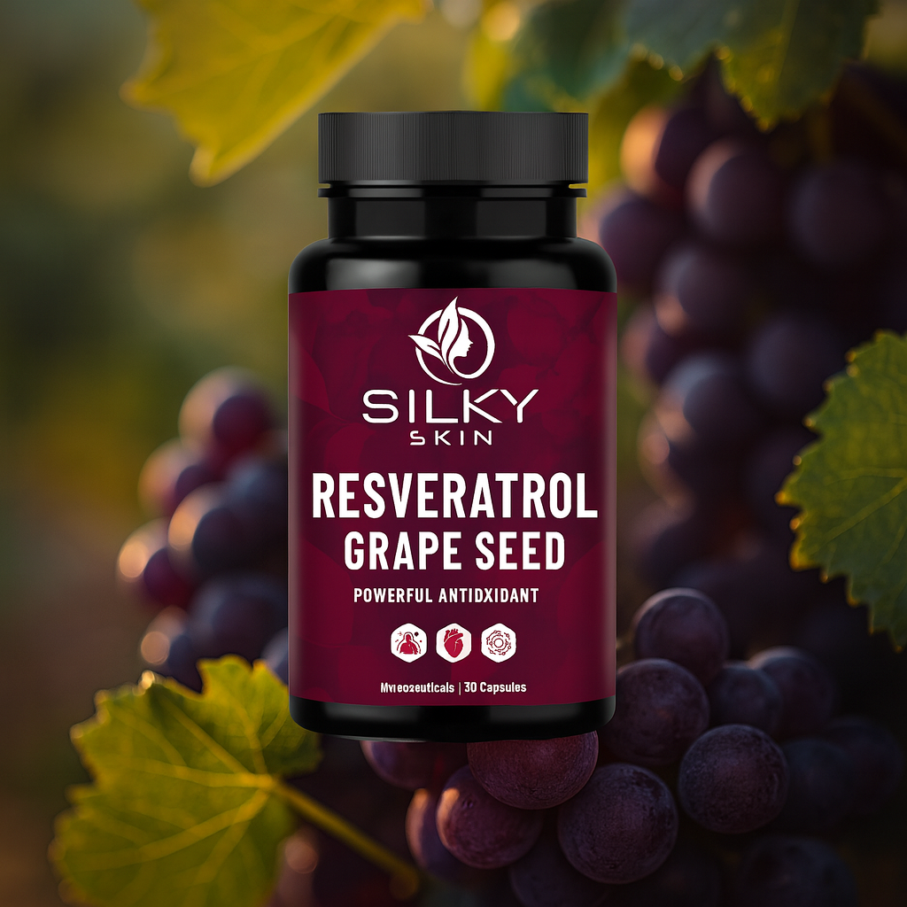 Silky Skin Resveratrol with Grape Seed Extract | Antioxidant Support for Skin, Heart & Immunity | 30/60 Veg Capsules