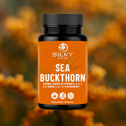 Silky Skin Sea Buckthorn – Natural Source of Vitamins A, B, C, E, K & Omega 3, 6, 7, 9 – Antioxidant Support – 30/60 Veg Capsules